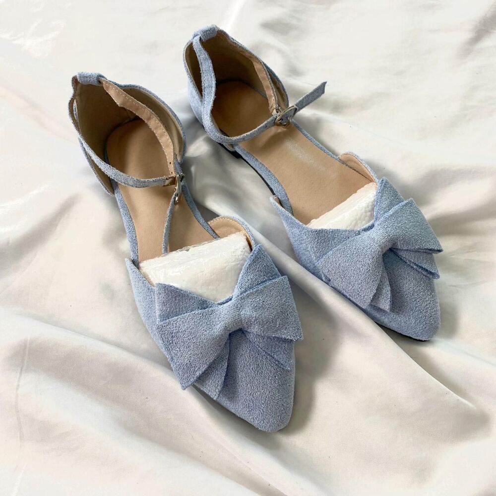 Preppy Coquette Light Blue Faux Suede Bow Flats / Sandals US 7.5 / EU 38 - Picture 1 of 5
